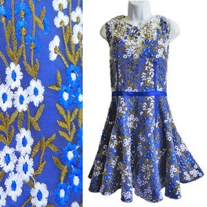 Bronx & Banco Party Dress Cobalt Blue Floral Embroidered illusion Sweetheart S